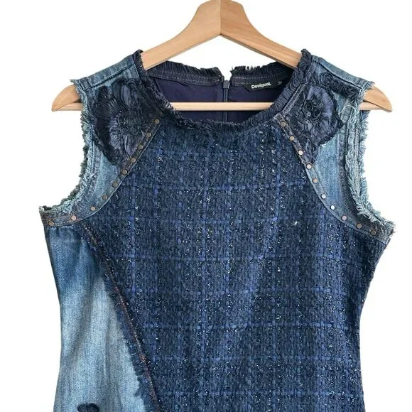 Desigual Achilles Denim and Tweed blue Patchwork Sheath Dress Size 38 - Picture 5 of 12